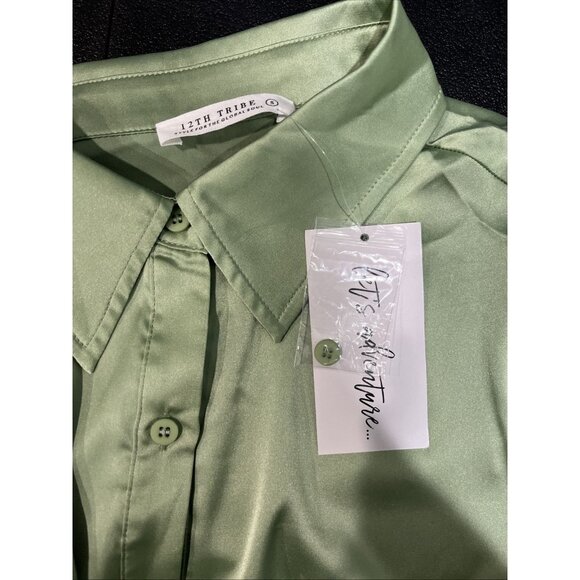 12th Tribe Shirt Dress Womens M Sage Pistachio Satin Mini Green Drape Tie Waist - Picture 5 of 9